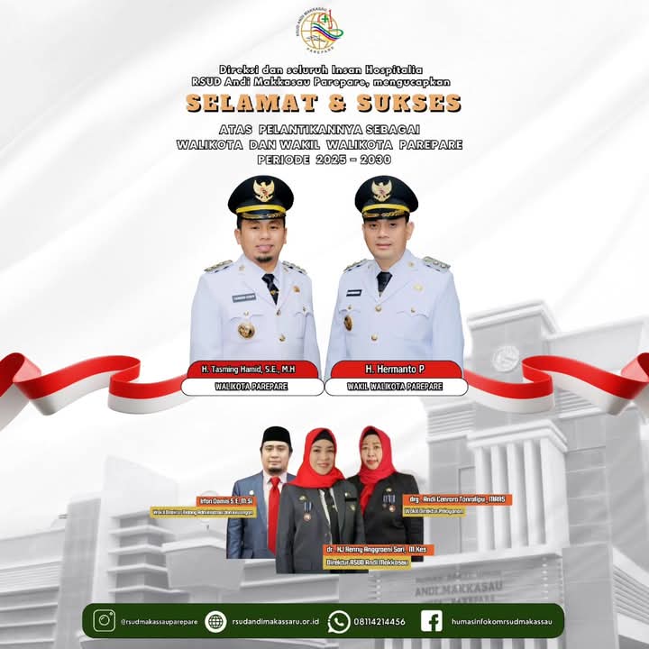 Flayer ucapan pelantikan  walikota dan wakil walikota Parepare yang baru, oleh direksi RSUD Andi Makkasau Parepare