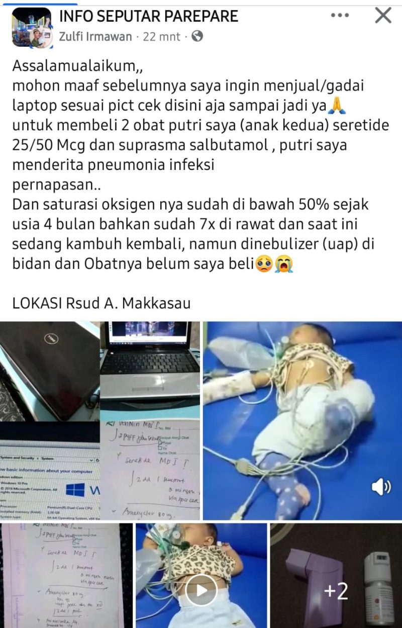 Foto yang diunggah oleh oknum di media sosial khususnya group Facebook dengan modus minta bantuan dana perawatan dan mencaplok nama RSUD Andi Makkasau Parepare, HOAX