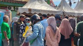 Suasana warga membeli beras di stand Bulog dalam kegiatan Gerakan Pangan Murah