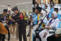 Seorang petugas Imigrasi memberikan pelayanan kepada Jamaah Calon Haji (JCH) terkait dengan Layanan Pre-Clearance Keimigrasian