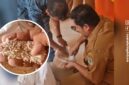 Aparat desa memeriksa beras Bapanas yang ditemukan masyarakat menguning dan berwarna hitam serta berkutu yang disalurkan oleh Bulog Pinrang, Sulsel