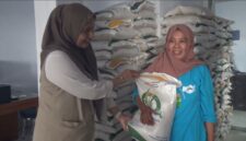 Pimpinan Cabang Bulog Parepare, Rahmi Mangerang menyerahkan beras bantuan kepada PBP saat memantau penyaluran Banpang di kantor kelurahan Lemoe kota Parepare.