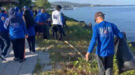 Aksi bersih-bersih pantai pengurus DPC Demokrat Parepare di kawasan pesisir Taman Mattirotasi kota Parepare dalam rangka songsong HUT ke-25 Partai Demokrat