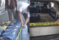 Polisi memperlihatkan barang bukti hasil sitaan yang digunakan pelaku dalam aksi penyalahgunaan BBM bersubsidi