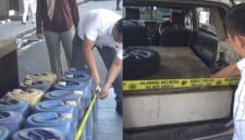Polisi memperlihatkan barang bukti hasil sitaan yang digunakan pelaku dalam aksi penyalahgunaan BBM bersubsidi