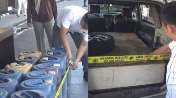 Polisi memperlihatkan barang bukti hasil sitaan yang digunakan pelaku dalam aksi penyalahgunaan BBM bersubsidi